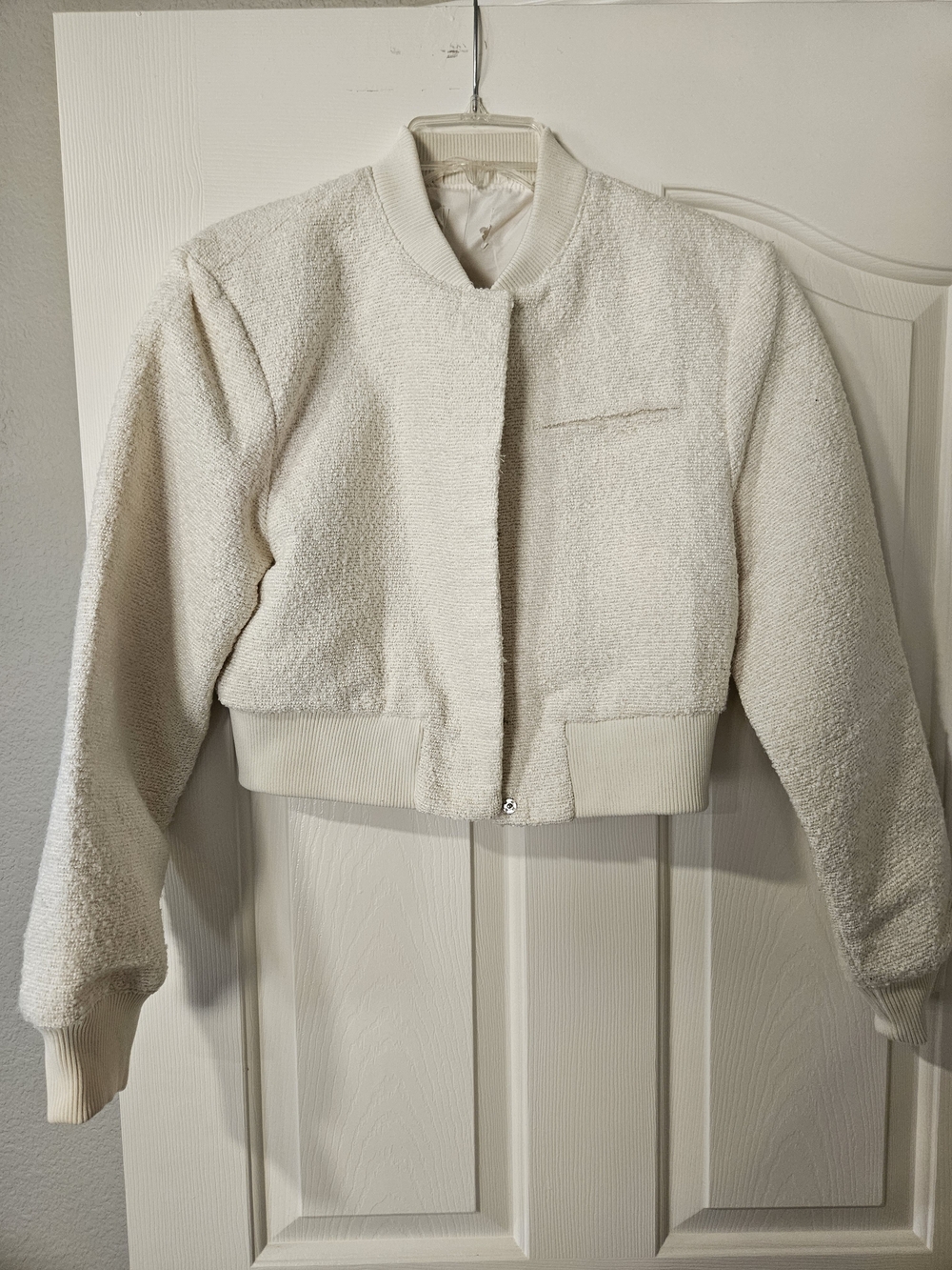 Women's Cream Bouclé Bomber Jacket. Smoke Pet Free Home